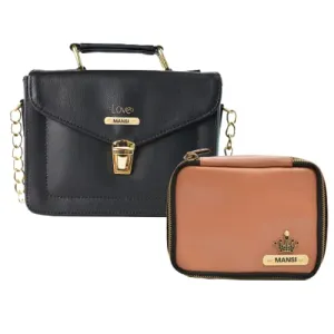 Customized Women's Buttoned Leather Bag   Mini Make up Kit - Black Tan
