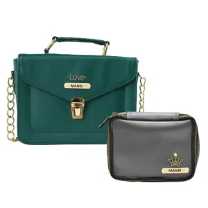 Customized Women's Buttoned Leather Bag   Mini Make up Kit - Green Grey