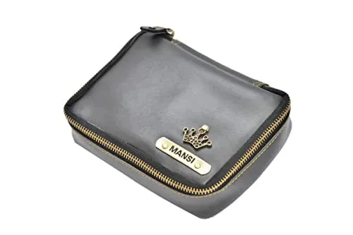 Customized Women's Buttoned Leather Bag   Mini Make up Kit - Green Grey