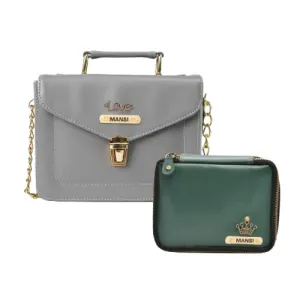 Customized Women's Buttoned Leather Bag   Mini Make up Kit - Grey Olive Green