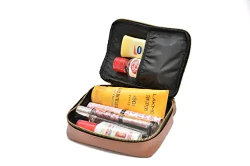 Customized Women's Buttoned Leather Bag   Mini Make up Kit - Grey Tan