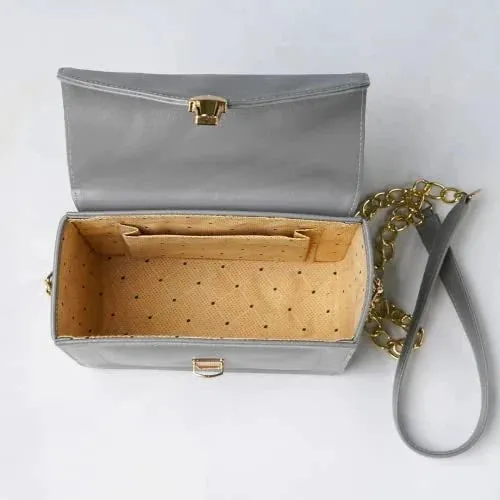 Customized Women's Buttoned Leather Bag   Mini Make up Kit - Grey Tan