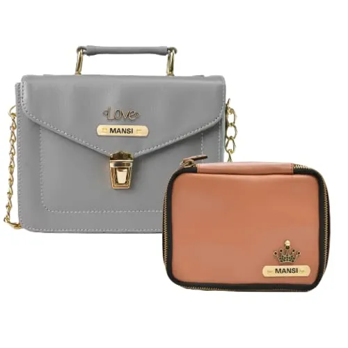Customized Women's Buttoned Leather Bag   Mini Make up Kit - Grey Tan