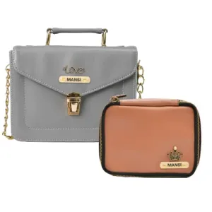 Customized Women's Buttoned Leather Bag   Mini Make up Kit - Grey Tan