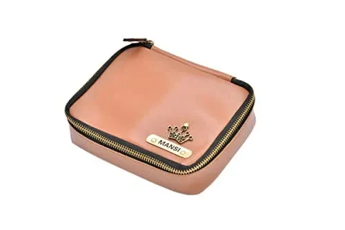 Customized Women's Buttoned Leather Bag   Mini Make up Kit - Grey Tan