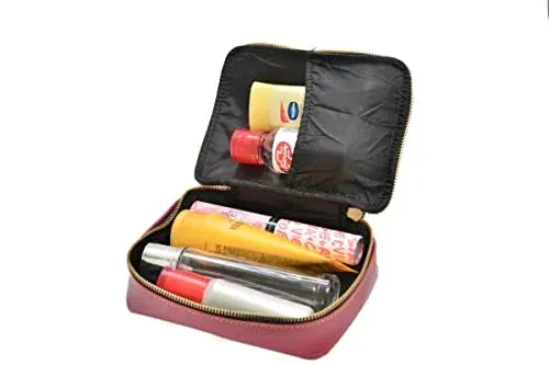 Customized Women's Buttoned Leather Bag   Mini Make up Kit - Grey Wine