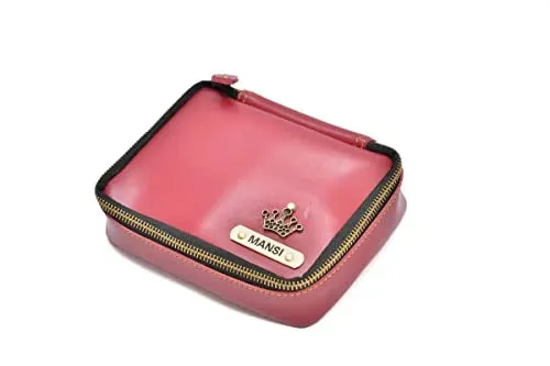 Customized Women's Buttoned Leather Bag   Mini Make up Kit - Grey Wine