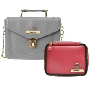 Customized Women's Buttoned Leather Bag   Mini Make up Kit - Grey Wine