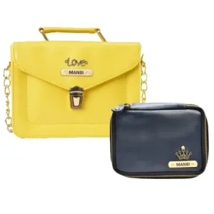 Customized Women's Buttoned Leather Bag   Mini Make up Kit - Yellow Royal Blue