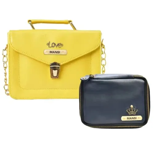 Customized Women's Buttoned Leather Bag   Mini Make up Kit - Yellow Royal Blue