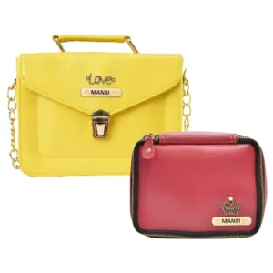 Customized Women's Buttoned Leather Bag   Mini Make up Kit - Yellow Wine