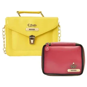 Customized Women's Buttoned Leather Bag   Mini Make up Kit - Yellow Wine