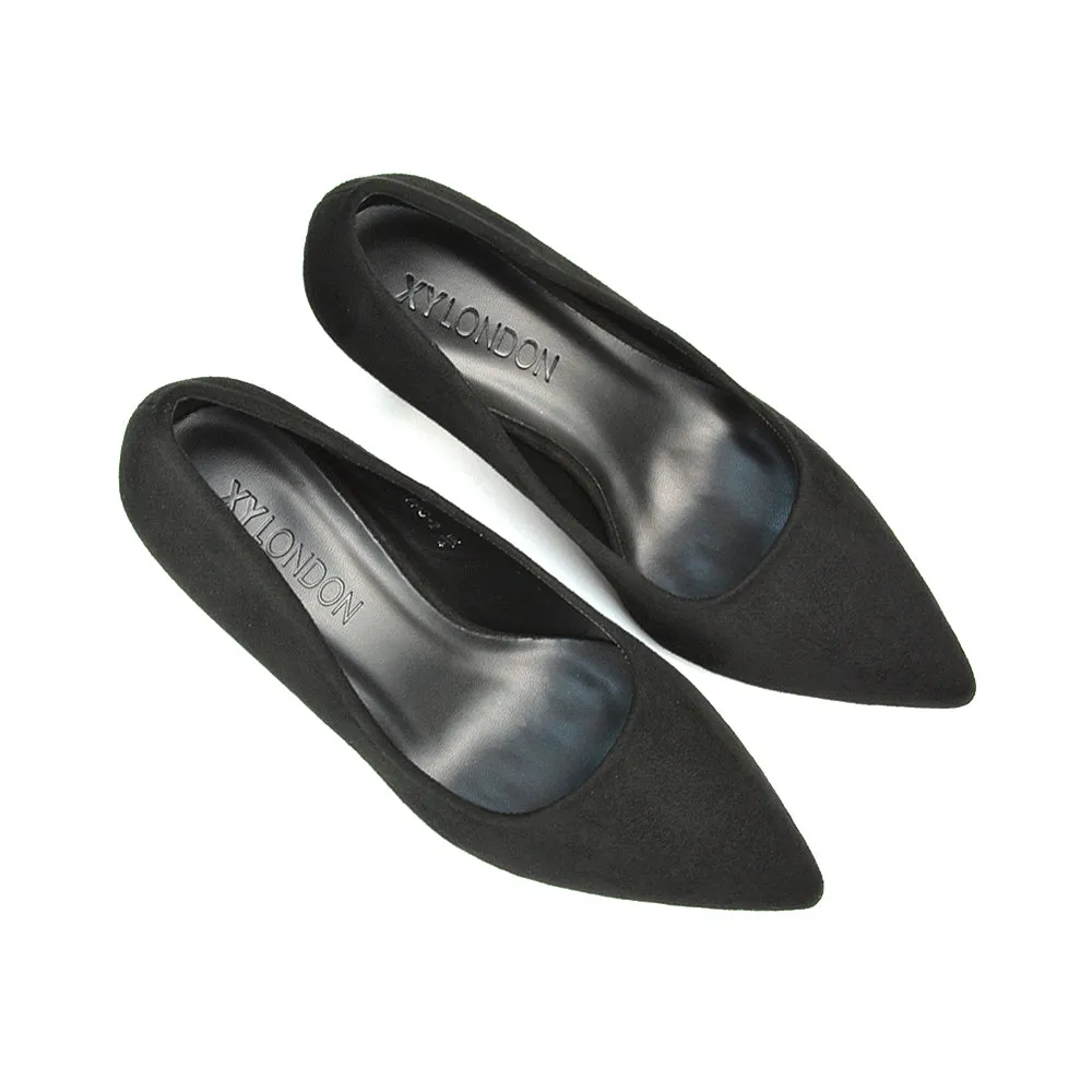 Darla Pointed Toe Mid Stiletto Heel Slip On Court Shoes in Navy Faux Suede