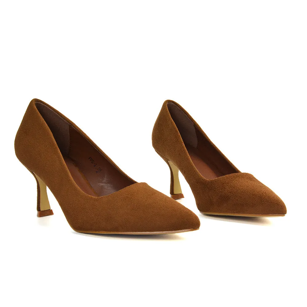 Darla Pointed Toe Mid Stiletto Heel Slip On Court Shoes in Navy Faux Suede