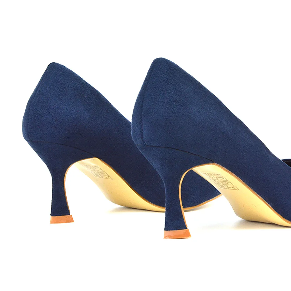 Darla Pointed Toe Mid Stiletto Heel Slip On Court Shoes in Navy Faux Suede