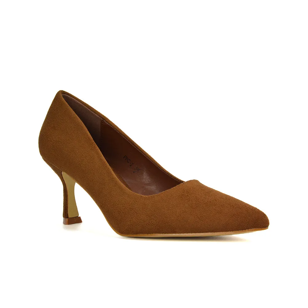 Darla Pointed Toe Mid Stiletto Heel Slip On Court Shoes in Navy Faux Suede