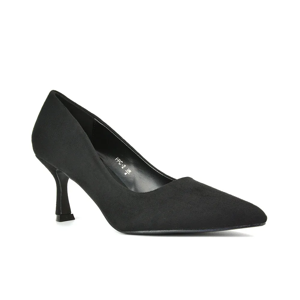 Darla Pointed Toe Mid Stiletto Heel Slip On Court Shoes in Navy Faux Suede