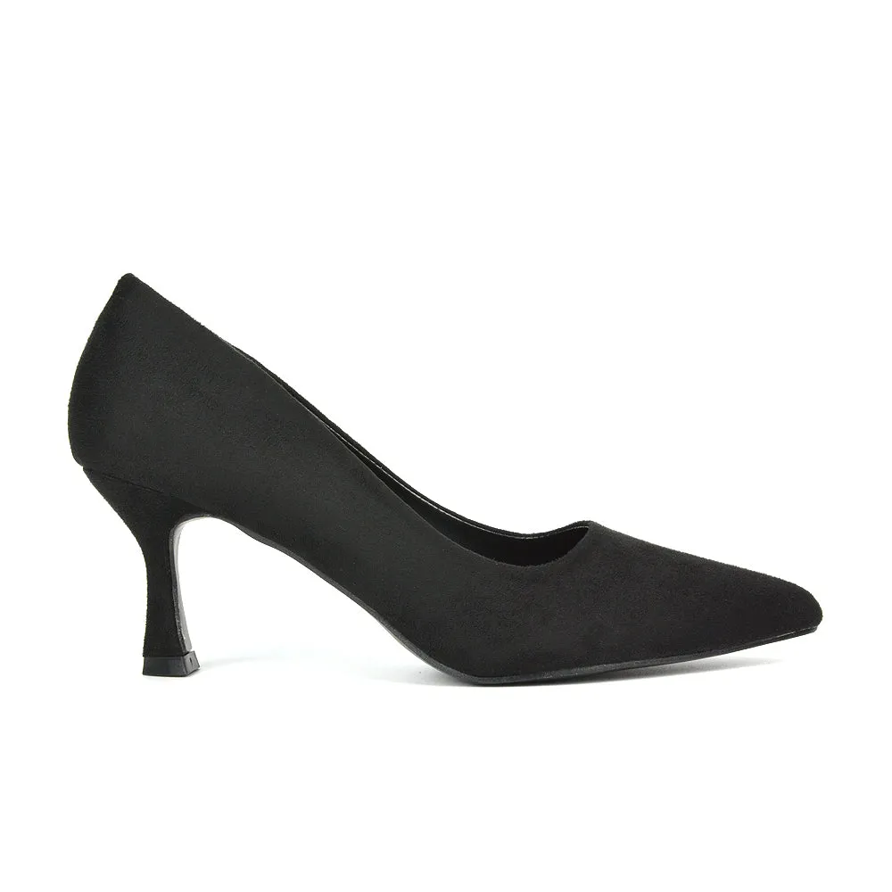 Darla Pointed Toe Mid Stiletto Heel Slip On Court Shoes in Navy Faux Suede