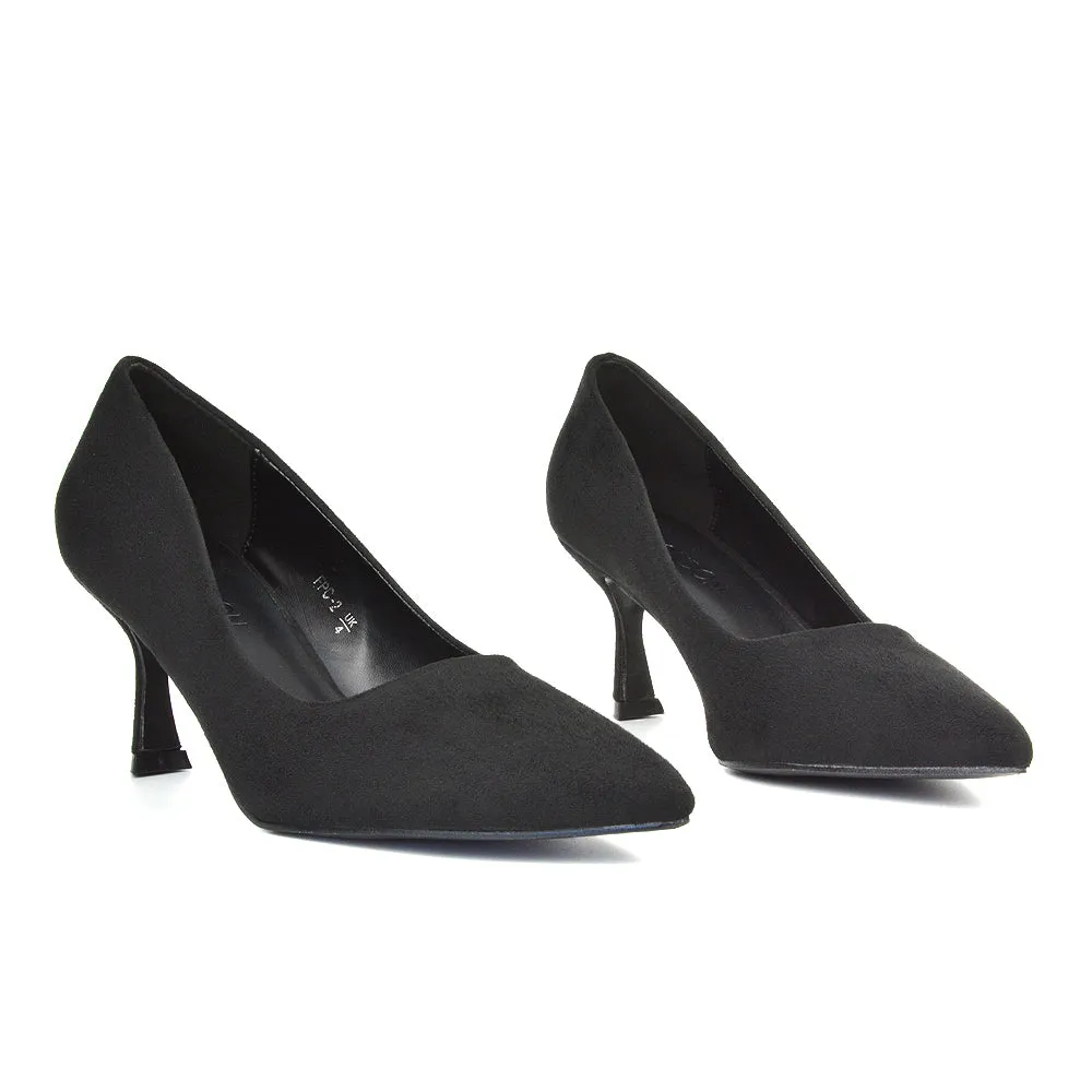 Darla Pointed Toe Mid Stiletto Heel Slip On Court Shoes in Navy Faux Suede