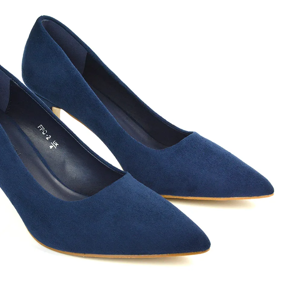 Darla Pointed Toe Mid Stiletto Heel Slip On Court Shoes in Navy Faux Suede