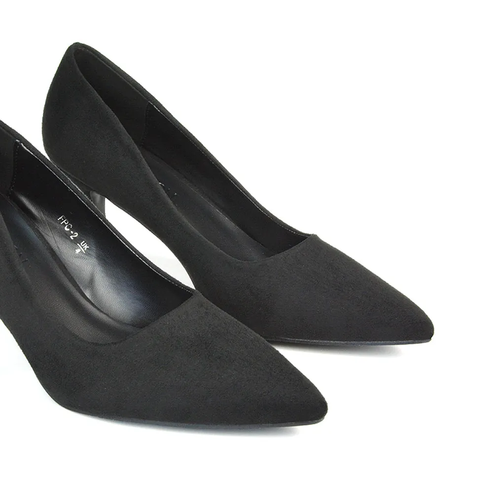 Darla Pointed Toe Mid Stiletto Heel Slip On Court Shoes in Navy Faux Suede