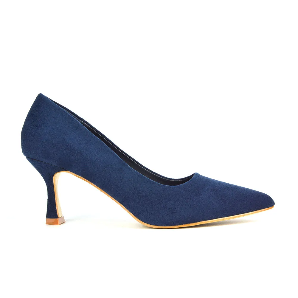 Darla Pointed Toe Mid Stiletto Heel Slip On Court Shoes in Navy Faux Suede
