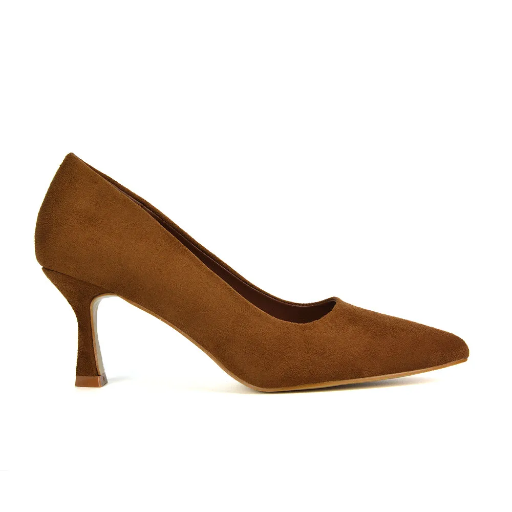 Darla Pointed Toe Mid Stiletto Heel Slip On Court Shoes in Navy Faux Suede