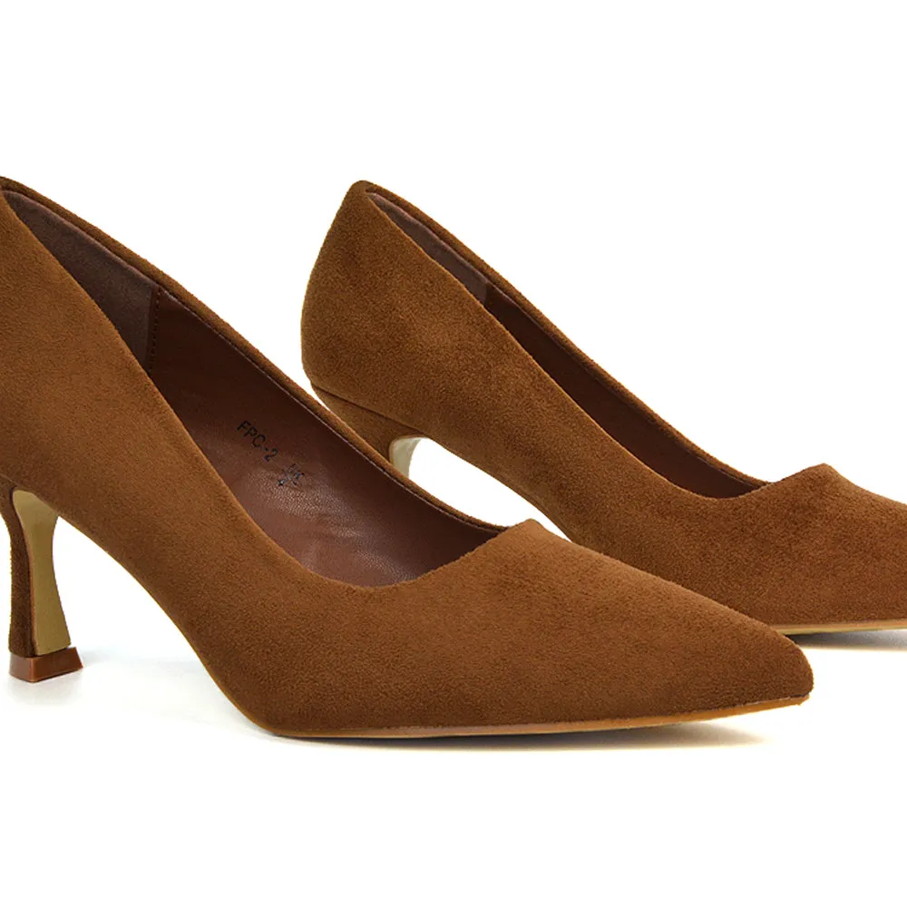Darla Pointed Toe Mid Stiletto Heel Slip On Court Shoes in Navy Faux Suede