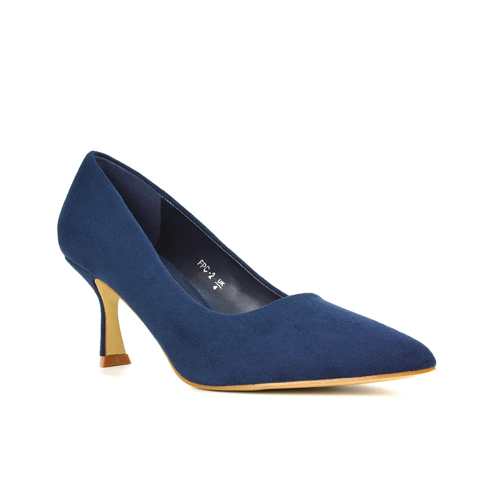Darla Pointed Toe Mid Stiletto Heel Slip On Court Shoes in Navy Faux Suede