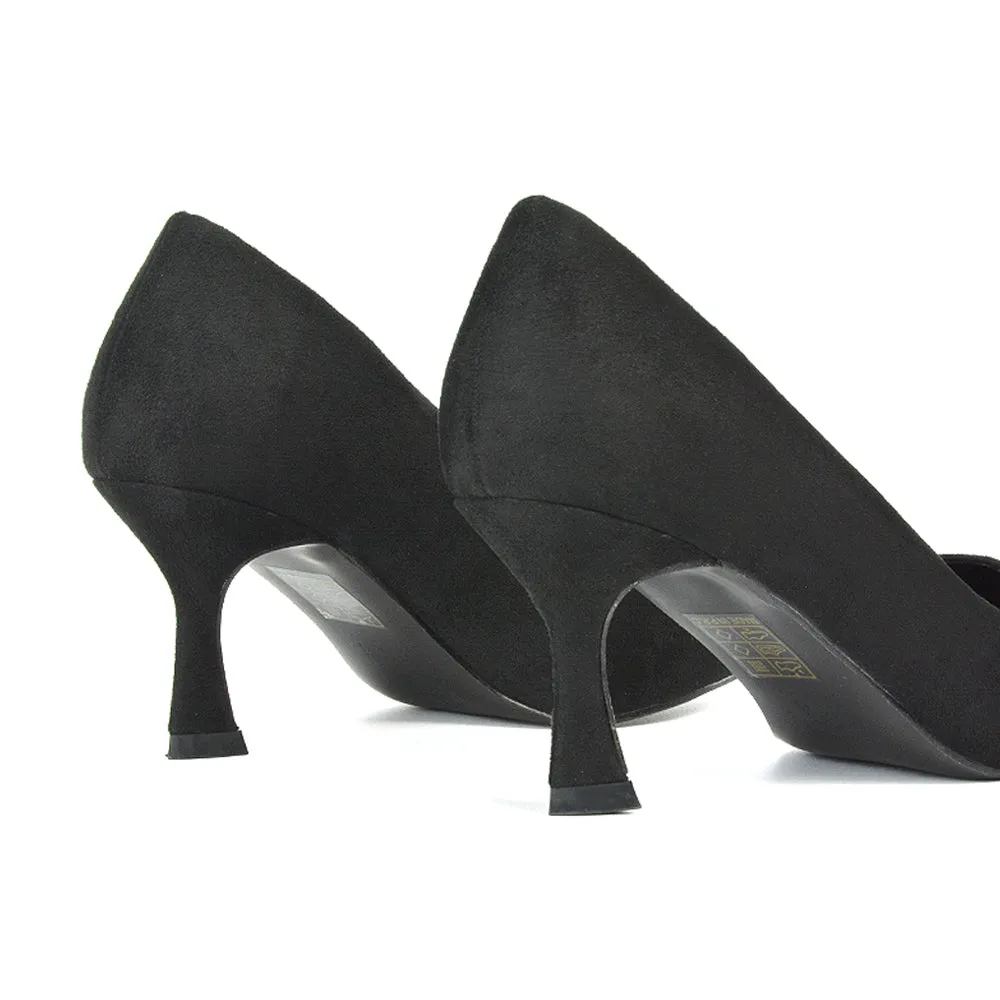 Darla Pointed Toe Mid Stiletto Heel Slip On Court Shoes in Navy Faux Suede