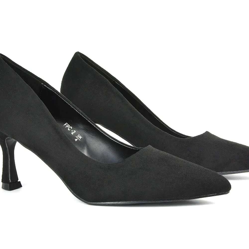 Darla Pointed Toe Mid Stiletto Heel Slip On Court Shoes in Navy Faux Suede