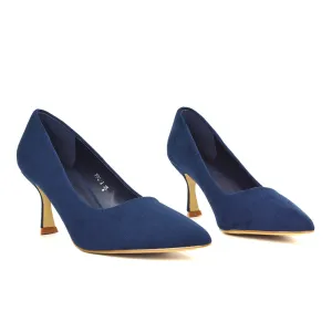 Darla Pointed Toe Mid Stiletto Heel Slip On Court Shoes in Navy Faux Suede