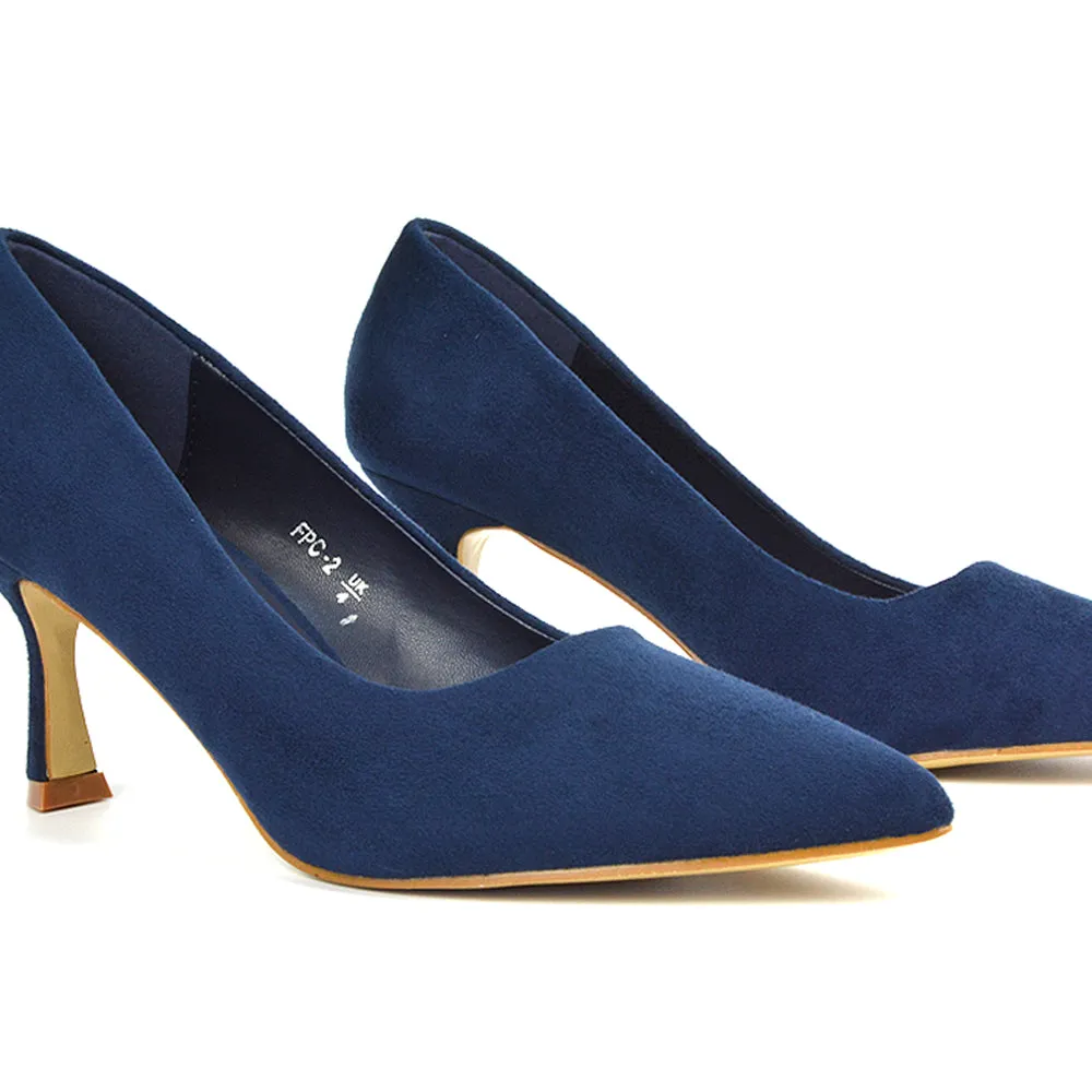 Darla Pointed Toe Mid Stiletto Heel Slip On Court Shoes in Navy Faux Suede