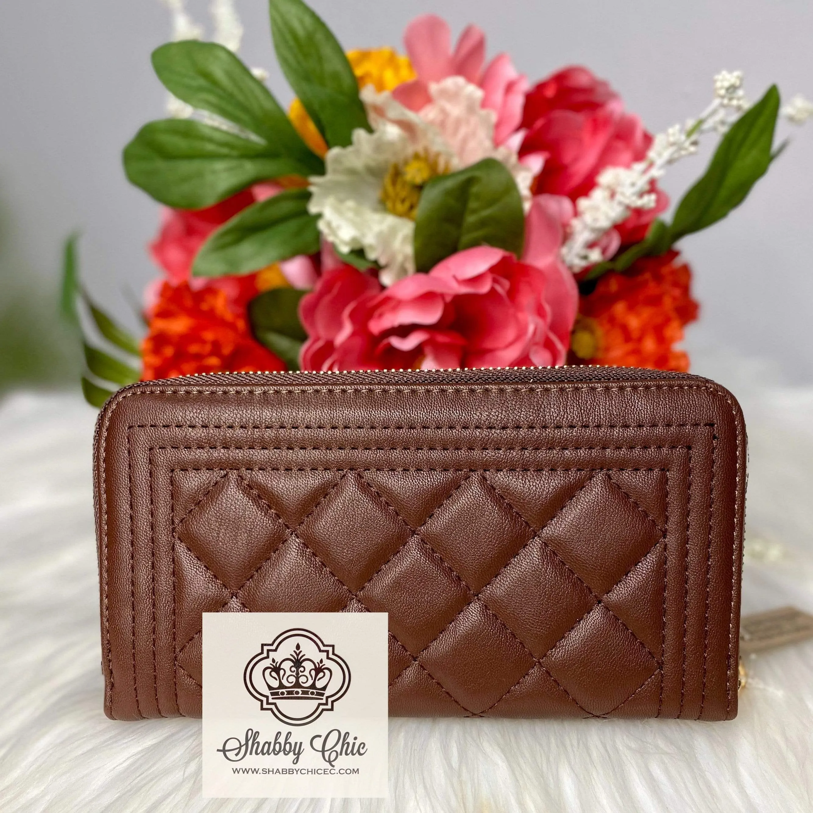 Double ZIp Brown Quilted Zip Wallet