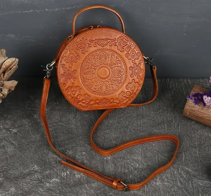 Embossed Circle Leather Crossbody Bag