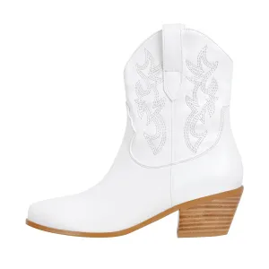 Embroidery Pointed Toe Chunky Ankle Boots