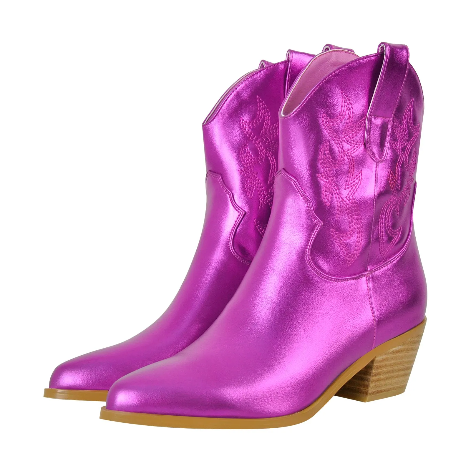 Embroidery Pointed Toe Chunky Ankle Boots
