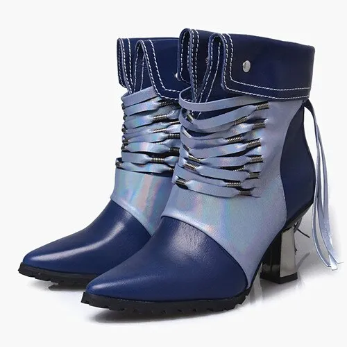 Fashion Handmade Patchwork Ankle Boots Women Pointed Toe Tassels High Heel Short Boots Female Fringed Martin Boot
