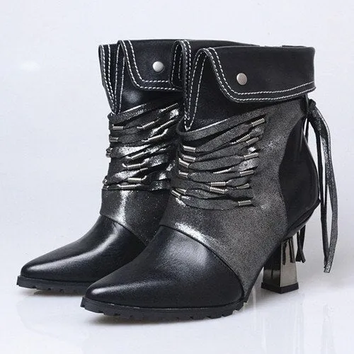 Fashion Handmade Patchwork Ankle Boots Women Pointed Toe Tassels High Heel Short Boots Female Fringed Martin Boot