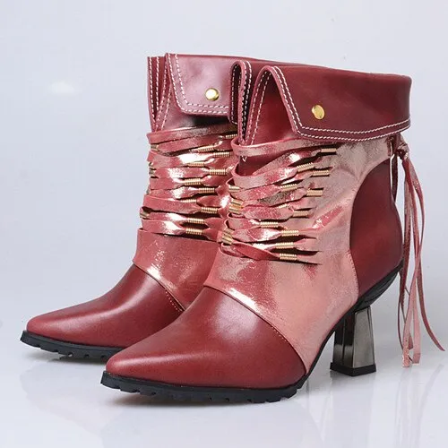 Fashion Handmade Patchwork Ankle Boots Women Pointed Toe Tassels High Heel Short Boots Female Fringed Martin Boot