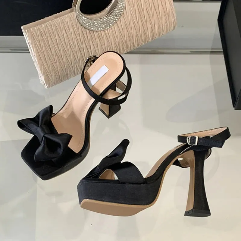Fashion Pink Silk Bowknot Square Open Toe Super High Heels Sexy Sandals
