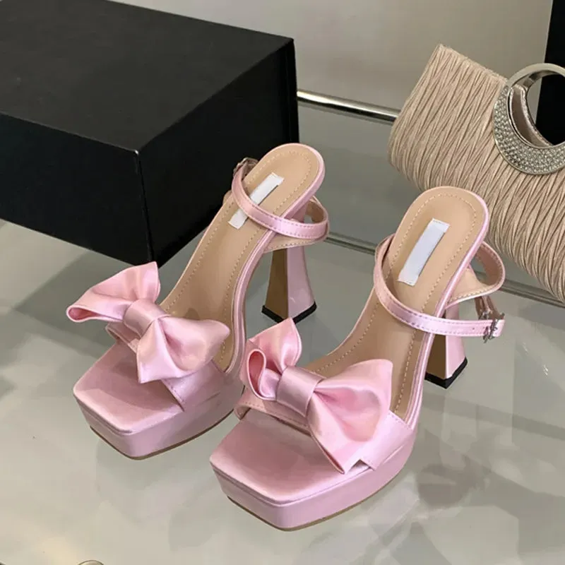 Fashion Pink Silk Bowknot Square Open Toe Super High Heels Sexy Sandals