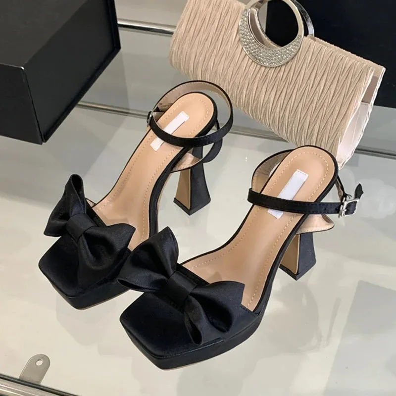 Fashion Pink Silk Bowknot Square Open Toe Super High Heels Sexy Sandals