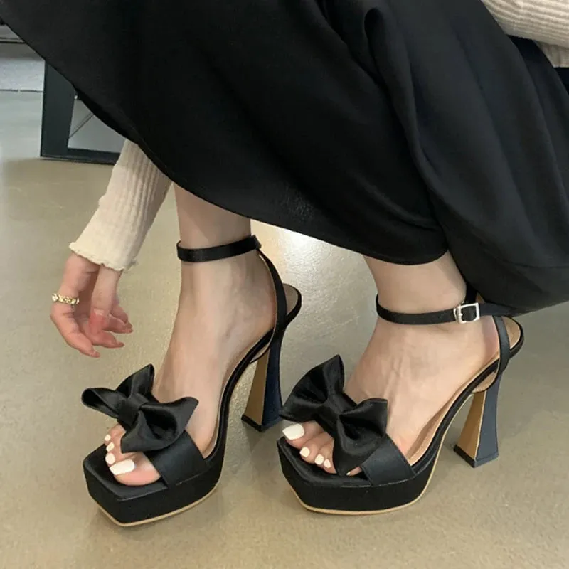 Fashion Pink Silk Bowknot Square Open Toe Super High Heels Sexy Sandals