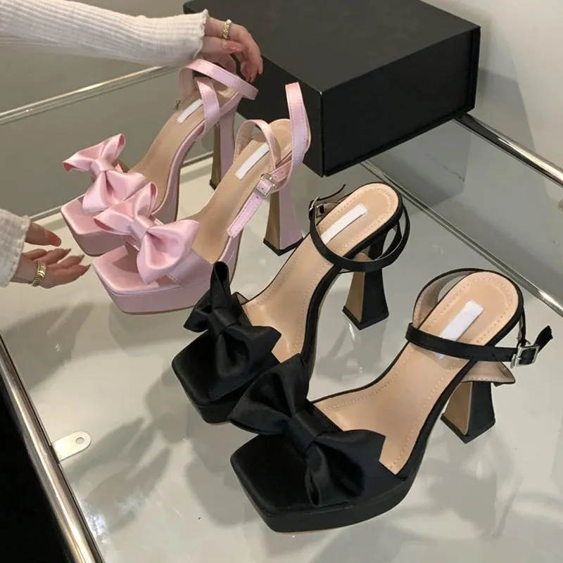 Fashion Pink Silk Bowknot Square Open Toe Super High Heels Sexy Sandals