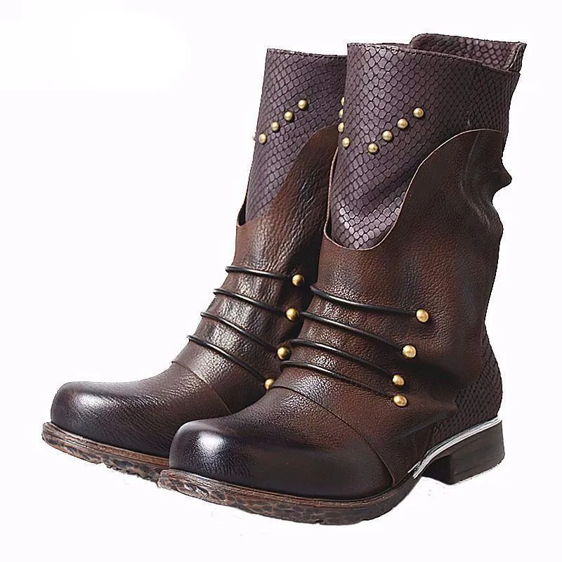 Fashion Rivet Genuine Leather Women's Shoes Winter Ankle Boots