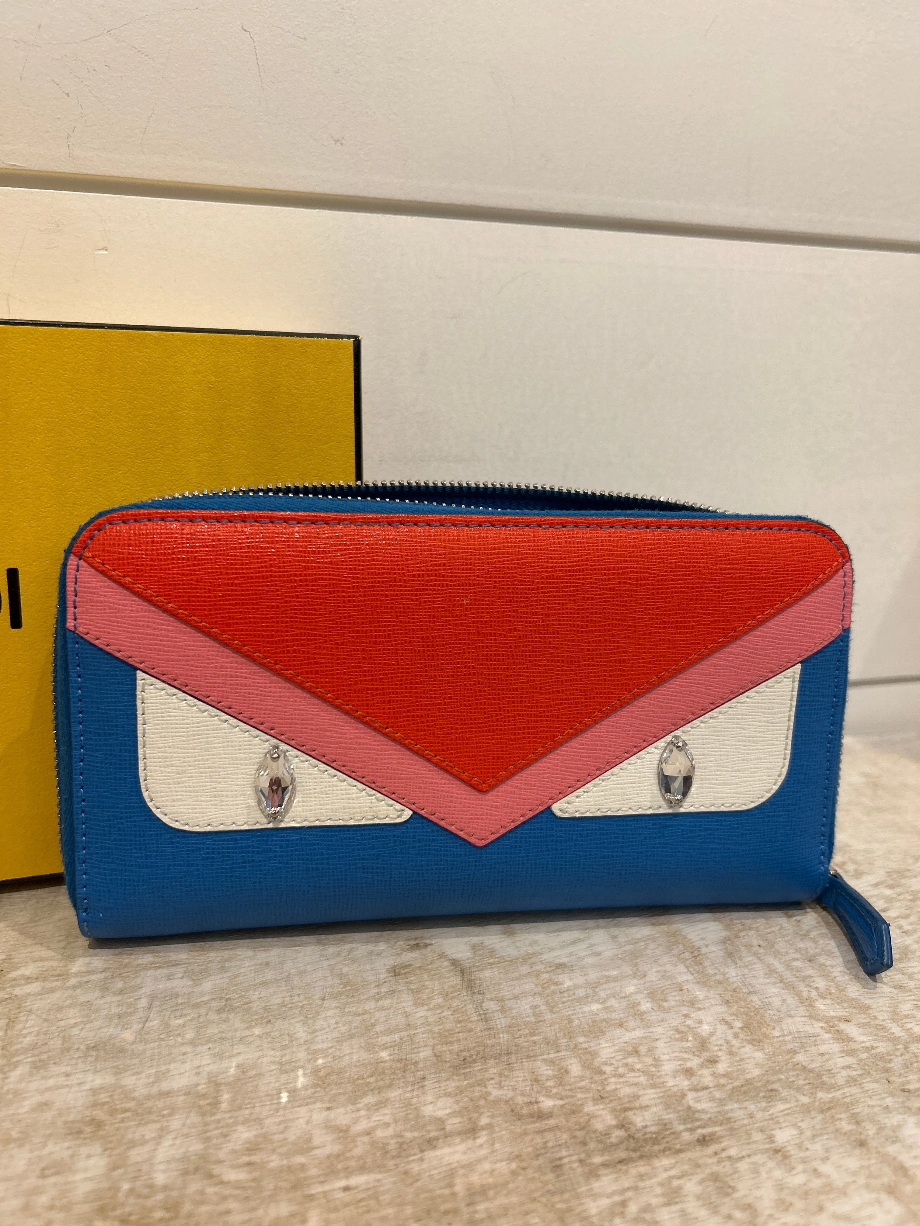 Fendi Multicolor Crystal Eye Monster Zip Around Leather Wallet