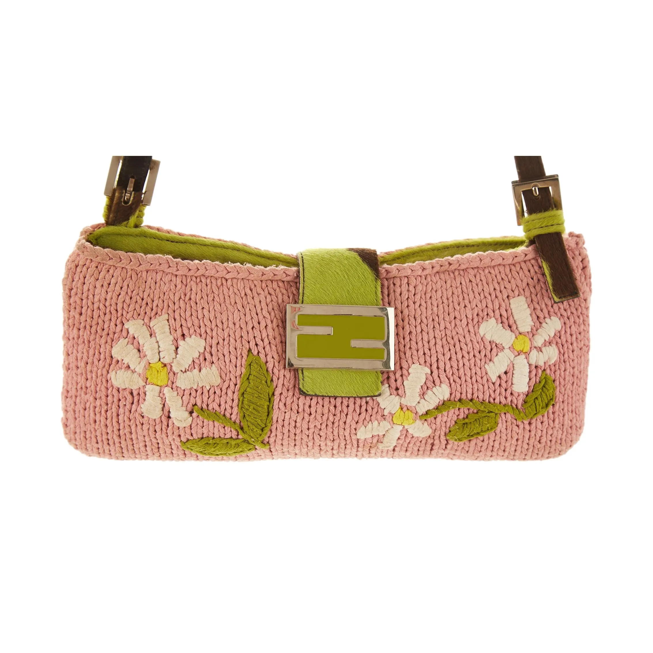 Fendi Pink Knit Floral Crossbody Baguette