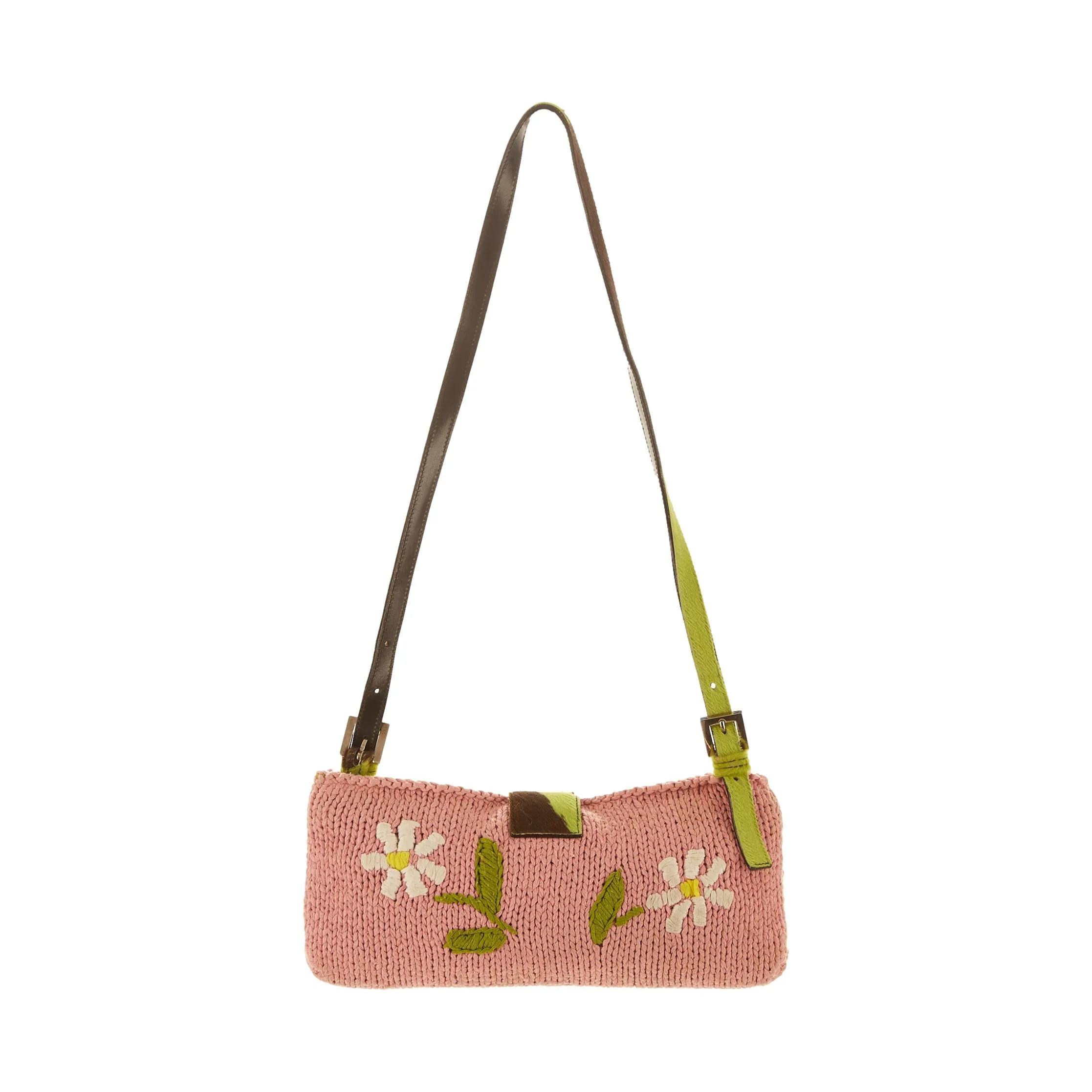 Fendi Pink Knit Floral Crossbody Baguette