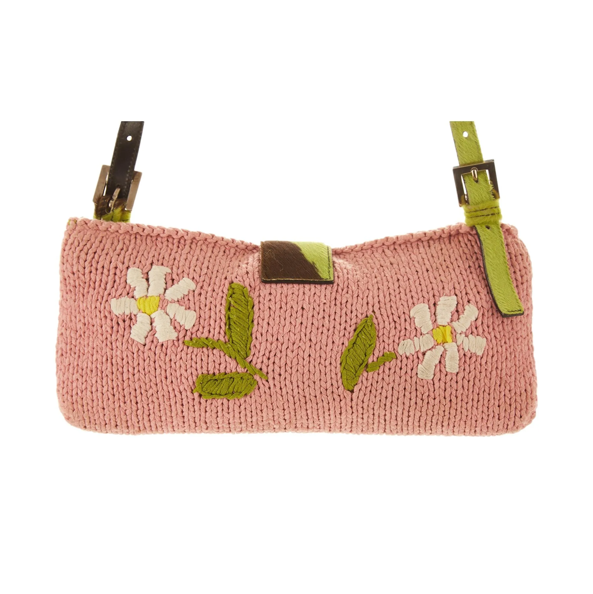 Fendi Pink Knit Floral Crossbody Baguette